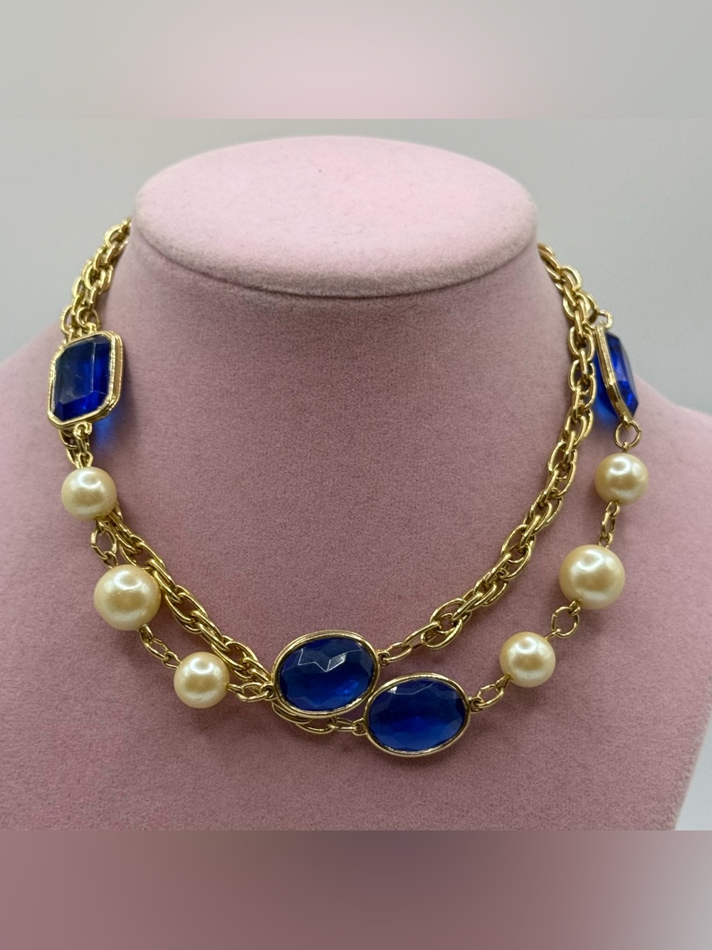 Long Gold Chain Necklace with Blue Glass Stones and Pearl Accents